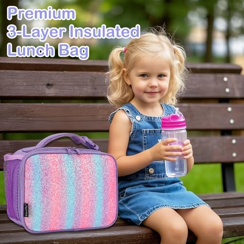 FlowFly Kids Lunch box Insulated Soft Bag Mini Cooler Back to School Thermal Meal Tote Kit for Girls, Boys,Purple#Glitter - color: Purple#Glitter