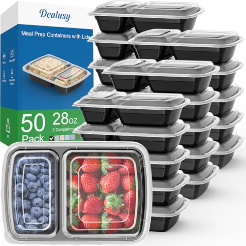 Dealusy 50 Pack (100-Piece) 28 oz Meal Prep Containers Reusable with Lids 2-Compartment, Sturdy Leakproof Food Safe, Microwave Freezer Dishwasher Safe, To Go Take Out Plastic Food Storage, Black - color: Black