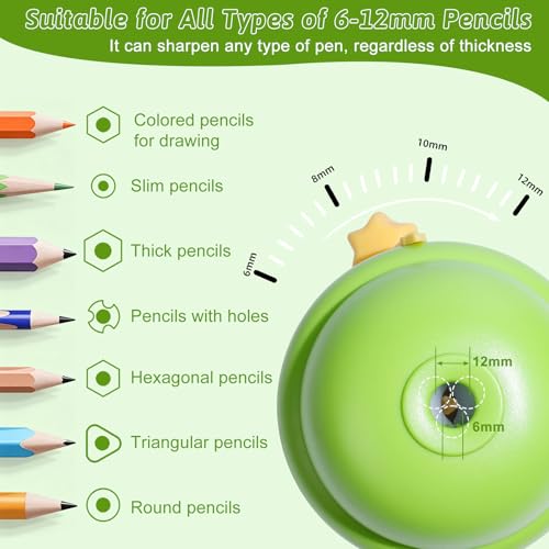 Rechargeable Electric Pencil Sharpener, 6-12mm Auto in & Out Fully Automatic Pencil Sharpener for Kids, Large Capacity Battery Powered, with Cartoon Stickers Ideal for Classroom & Home (Green) - color: Green