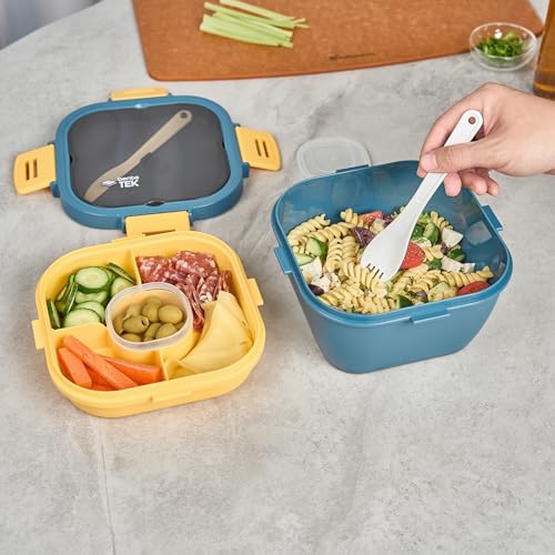 Restaurantware-Bento Tek 57.5 Ounce Bento Box, 1 Reusable Lunch Container - With Fork And Knife, Does Not Contain BPA, Blue And Yellow Plastic Reusable Lunch Box, Microwavable, Dishwashable - size: 1 Count, style: 58 oz - Blue