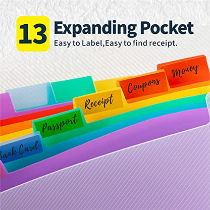 Mini Accordion File Organizer (7 inches * 4 inches) - 2 Pack 13 Pockets Expanding File Folders, Portable Receipt Organizer 100% Waterproof Plastic Receipt Organizer for Cards, Coupon, Receipt, Ticket
