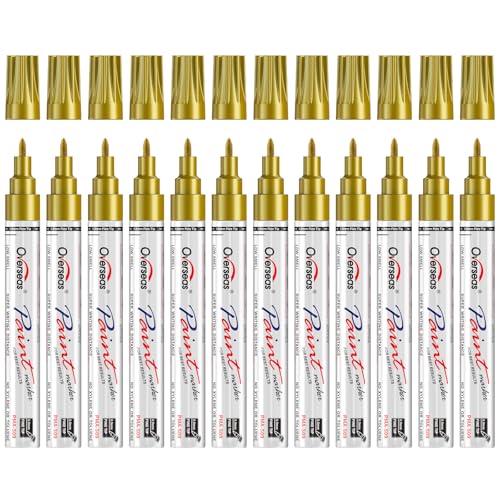 Overseas Gold Oil Based Paint Markers, 12 Fine Tip Permanent Paint Pens | 0.9mm Fine Nib, Waterproof, Quick Dry, Fade Resistant, Oil Marker Pen for Metal, Rubber, Glass, Wood, Plastic, Rock, Canvas - color: Gold