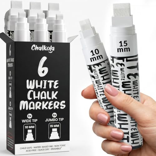 Chalkola White Window Markers for Cars Glass Washable - (6 Pack | 3x10mm + 3x15mm) | Jumbo Liquid Chalk Markers for Blackboard, Chalkboard, Auto, Bistro Board — 3 in 1 Wide Nib Chalk Paint Pens White - color: 3x10mm + 3x15mm - 6