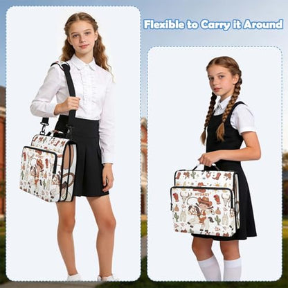 Cute Cowgirl Wild West Orange 3 Ring Zipper Binder Bag with Strap, Personalized Name Trapper Keeper Binder - 2" Binder with Pockets Holds 500 Sheets, Laptop & More - Durable & Easy to Carry - color: Option H