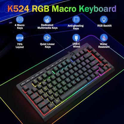Redragon K524 Wired Gaming Keyboard, RGB Backlit, 75% Compact Quiet Membrane Keyboard with Programmable Macro and Multimedia Keys, Anti-ghosting, Spill Resistant for Win/MAC/PS/Xbox - color: Wired