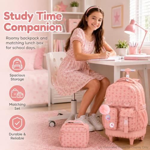 WZLVO 3PCS Rolling School Backpack, Water Resistance Girls Roller Bookbag, Women Aesthetic Wheeled Bag Set with Lunch Box & Pencil Bag for Teens & Kids - Pink Star - color: 3pcs Girls Rolling Backpack - Pink Star
