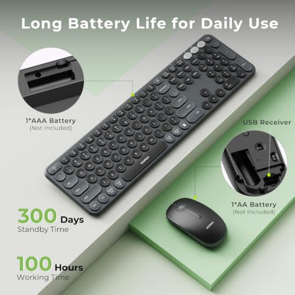 seenda Wireless Bluetooth Keyboard Mouse Combo, COE202 Retro Cute Round Keyboard, Silent Mouse, 3 Multi-Device Connection, Full Size Compatible for PC/Laptop/Mac/MacBook/iPad/Tablet, Black - color: Black
