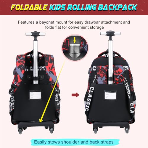 Scothen Rolling Backpack for Boys, Cool Luminous Gamer Roller School Backpacks for Boys with Lunch Bag and Pencil Pouch, Kids Backpack Bookbag with Wheels for Kindergarten Elementary Middle School - color: Red