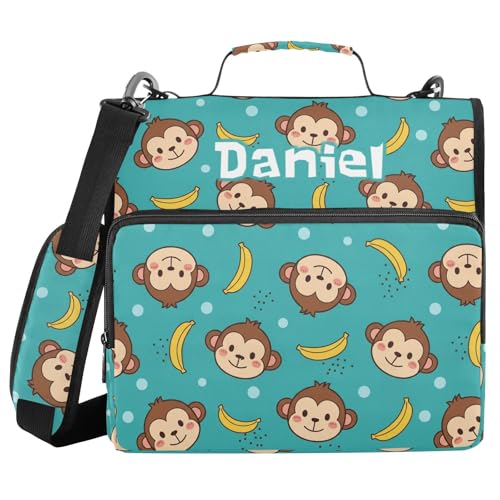 Custom Cartoon Animals Teal Print 3 Ring Zipper Binder with Shoulder Strap & Handle 1.5 Inch D-Ring Zippered Bag with Multiple Pocket, Personalized Binder Organizer for School or Office - color: Cartoon Animals Monkeys Teal