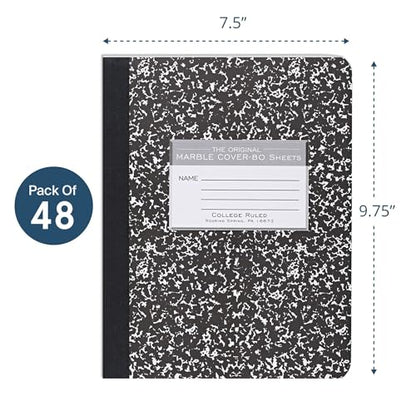 ROARING SPRING Hard Cover Composition Notebook, 48 Pack, Black Marble Comp Book, 9.75″ x 7.5″, College-Ruled with Margin, 80 Sheets (160 Pages), Made in USA