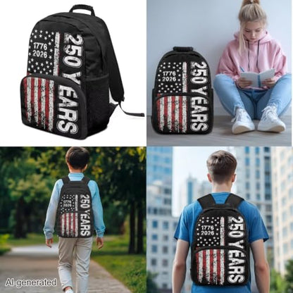 American Flag 250 Years 3PCS Backpack for Boys Girls Teens, 3 in 1 Lightweight 17 Inch School Backpack with Lunch Box Pencil Case for Middle High Students - color: American Flag 250 Years