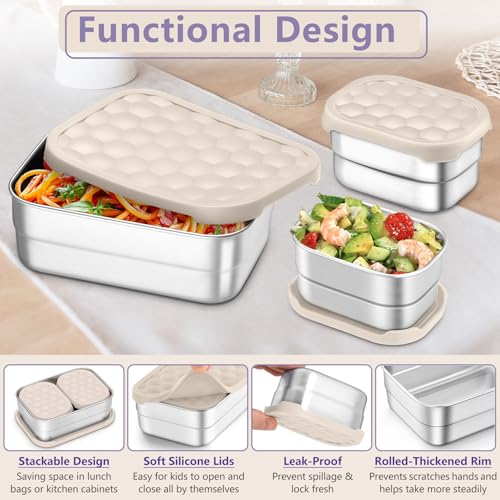 TeamFar Stainless Steel Lunch Box, Food Snack Storage Bento Containers with Silicone Lids for Kids Adults to School Work, Kids Friendly & Dishwasher Safe, Leak-Proof & Easy Open, 25OZ + 8OZ*2 (Khaki) - color: Khaki