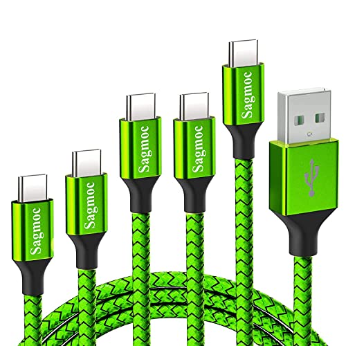 Type C Charger Cord Lime Green - Sagmoc Premium Shiny Nylon Braided Rapid Charging Cable 5 Pack 10FT 2x6FT 3FT 2FT for Samsung S10 S9 S8 Plus, Note 8, LG V30 G6 G5, Google Pixel, Nexus 6P 5X - color: Green