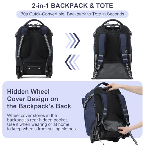 NEW TILAMI 18 Inch Expandable Rolling Backpack with 6-Wheel Stair Climbing, Waterproof Wheeled School Bag with 15.6" Laptop Sleeve for Boys Girls, Carry-on Luggage 98cm Dual-Height Handle - Navy Blue - color: Navy Blue
