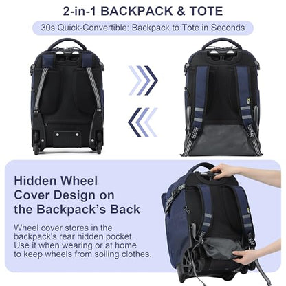 NEW TILAMI 18 Inch Expandable Rolling Backpack with 6-Wheel Stair Climbing, Waterproof Wheeled School Bag with 15.6" Laptop Sleeve for Boys Girls, Carry-on Luggage 98cm Dual-Height Handle - Navy Blue - color: Navy Blue