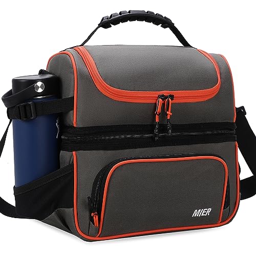 MIER 2 Compartment Lunch Bag Tote with Shoulder Strap for Men and Women Insulated Leakproof Cooler Bag, Grey/Orange - color: Grey/Orange