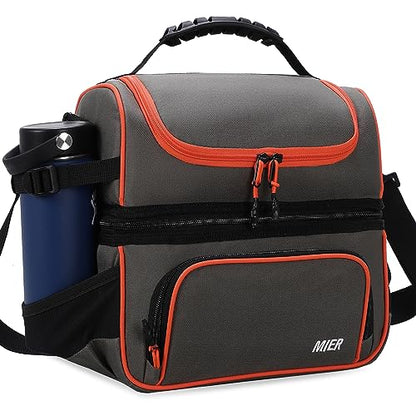 MIER 2 Compartment Lunch Bag Tote with Shoulder Strap for Men and Women Insulated Leakproof Cooler Bag, Grey/Orange - color: Grey/Orange