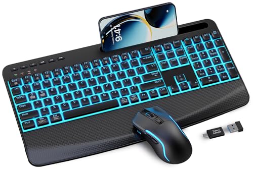 SABLUTE Wireless Keyboard and Mouse Combo, Rechargeable 4000mAh Light up Quiet Keyboard with Wrist Rest & Phone Holder, Ergonomic Silent Typing for PC/Mac/Laptop/Windows/Chrome OS