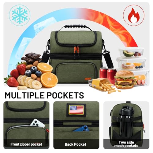 MIER Dual Compartment Lunch Bag Tote with Shoulder Strap for Men and Women Insulated Leakproof Cooler Bag, Army Green - color: Green