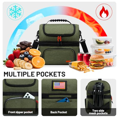 MIER Lunch Box for Men Dual Compartment Adult Lunch Bag for Work Army Green | Leakproof & Insulated; Lunchbox Cooler Tote with Side Bottle Holder; Detachable Shoulder Strap with Pad; Multi-Pockets - color: Green