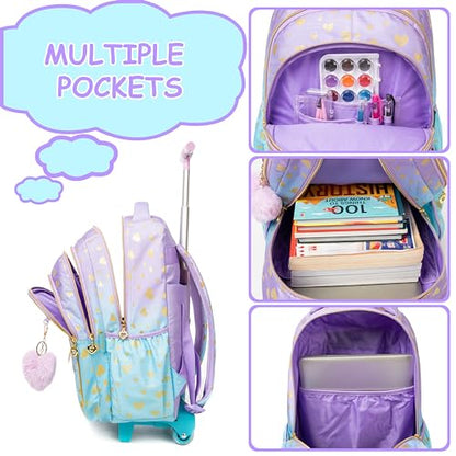 Backpack with Wheels for Girls 8-12 Rolling Backpack for Girls with Lunch Box Backpacks for Kids Cute Bowknot Travel Roller Wheeled Bookbag - color: Blue Purple