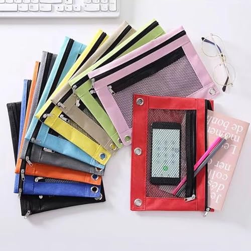 Jinshining 1pc Beige Pencil Pouch for 3 Ring Binder, Binder Pencil Case with Smooth Zipper,Clear Window Pencil Case,Big Capacity 3 Ring Binder Pencil Bag with 3 Reinforced Grommets,Binder Accessories