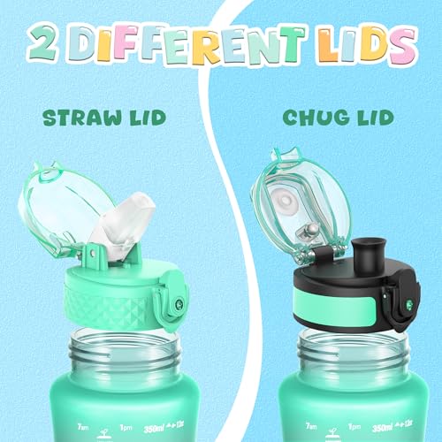 OLDLEY Kids Water Bottle for School, 12 oz (2 lids) BPA-Free Reusable Leak-proof Durable Tritan Plastic Water Bottles with Straw & Chug Lids, Anti-dust Spout Cover (Green Purple) - color: Green Purple, size: 12 Ounces