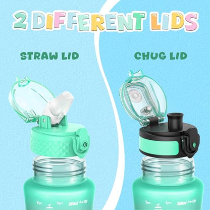 OLDLEY Kids Water Bottle for School, 12 oz (2 lids) BPA-Free Reusable Leak-proof Durable Tritan Plastic Water Bottles with Straw & Chug Lids, Anti-dust Spout Cover (Green Purple) - color: Green Purple, size: 12 Ounces