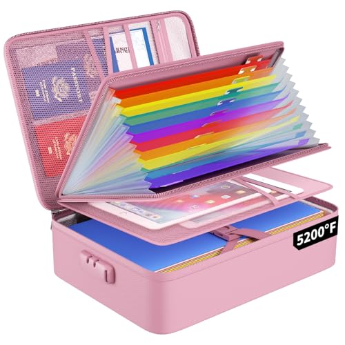 ENGPOW Fireproof File Organizer Bag with 13 Pockets Accordion File Folder | 5200℉ Document Organizer Box with Lock & Labels, Multi-Layer, Portable Home Safe Storage for Important Documents, Pink - color: Pink, style: 13 Pockets,colorful