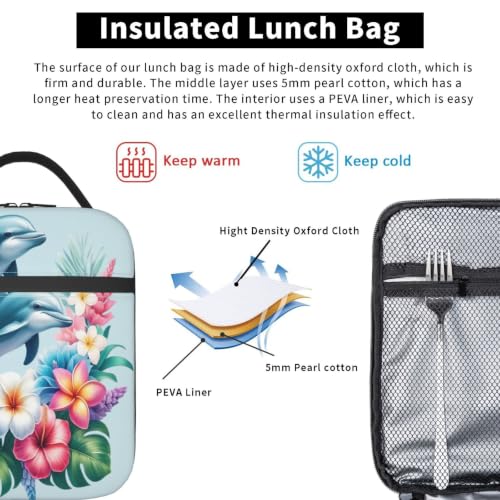 Dolphin Flowers Lunch Bag 10In | Insulated Lunch Box Reusable Tote Bag For Picnic Office For Women Men - color: Style 8