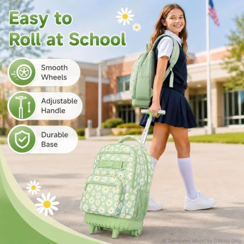 gxtvo Wheeled Backpack for Girls, Women Rolling Bookbag with Lunch Box for Adults, Water Resistant Roller School Bag for College Teens Kids Travel - Flower Cyan - color: Rolling Backpack Chrysanthemum Green