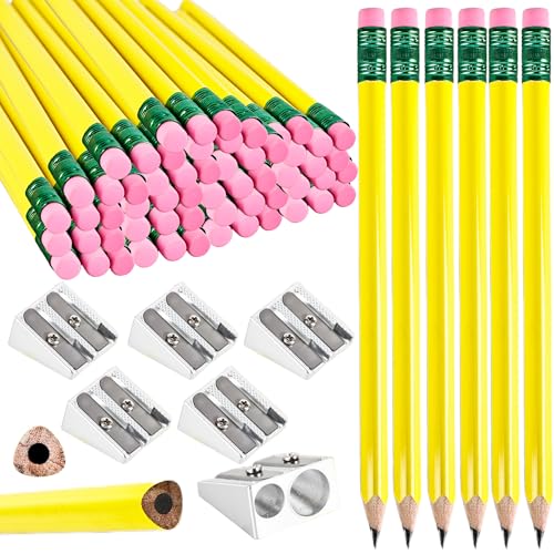 60 Pcs Fat Pencils Bulk Jumbo First Pencil with 6 Pcs Sharpeners Thick Large Triangle Pencils with Erasers for Kids Beginners Preschoolers School Office Supplies