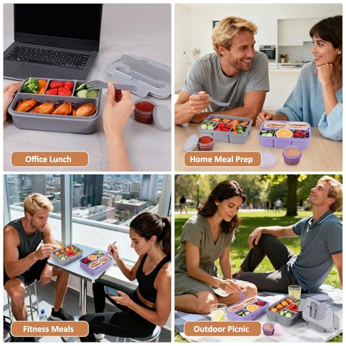 Caperci Bento Box Adult - 50 oz Large Lunch Containers for Adults and Teens, 4-Compartment Bento Lunch Box with Utensils & Leak Proof Sauce Cup, Dishwasher Safe, Durable, BPA-Free (Gray) - color: Gray