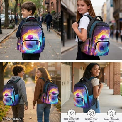Flaming Soccer Backpack for Boys Girls 4-18 Kids Backpack with Lunch Box and Aesthetic Pencil Case 4 in 1 Set Bookbag for Elementary Kindergarten Large Capacity School Bag with Compartments - color: Flame Soccer