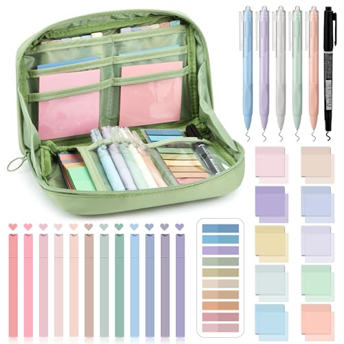 Jutom 39 Pcs Aesthetic Book Annotation Kit Highlighter with Case Bag Gel Pen Transparent Sticky Note Taking Bible Supplies(Green,Kawaii Style) - color: Green, style: Kawaii Style