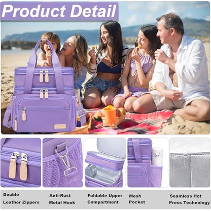 Weitars Insulated Lunch Box for Women Men-Dual Compartment Waterproof Reusable Large Lunch Bag Wide-Open Tote Cooler Bag For Working Picnic Hiking (15L) (Purple) - color: Purple