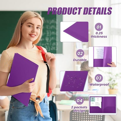 Gueevin 24 Pcs Plastic Folders with Pockets, Back to School Two Pocket Folder Fit Letter Size, Heavy Duty School Business Card Holder for Home Office, 11. 61 x 9. 45 Inches (Purple) - color: Purple