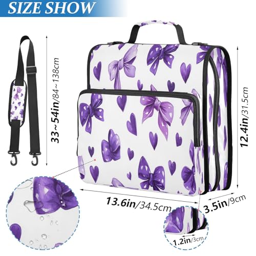 Caikeny 3 Ring Zipper Binder Purple Bows Kawaii Hearts 1.5 inch Binders Bag Coquette Expanding File Pockets with Shoulder Strap and Handle - color: Multicolored 1z83.4