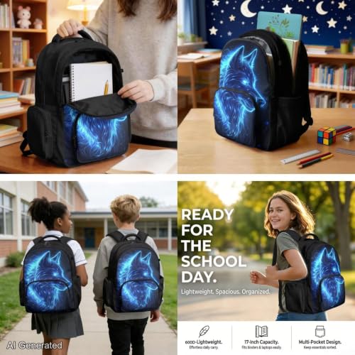 Galaxy Wolf Backpack for Boys Girls Backpack with Lunch Box Water Bottle Pouch & Soft Pencil Case 4PCS Set Bookbag with Front Pockets for School Teens 17 inch School Bag for Back to School - color: Blue Galaxy Wolf
