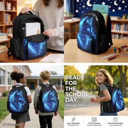 Galaxy Wolf Backpack for Boys Girls Backpack with Lunch Box Water Bottle Pouch & Soft Pencil Case 4PCS Set Bookbag with Front Pockets for School Teens 17 inch School Bag for Back to School - color: Blue Galaxy Wolf