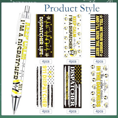 Dispatcher Ballpoint Pens Gifts - 24 Pcs Emergency First Pens Sets Yellow Flag Retractable Writing Ball Point Pen Appreciation Gifts for Dispatcher First Responders Coworker Supplies - style: Dispatcher