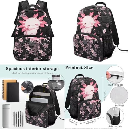 17 Inch Kid's 4PCS Backpack Set, Back to School Essentials | Insulated lunch box, water bottle pouch, pencil case, lightweight, padded shoulder straps, for elementary, middle school - color: Cute Axolotl