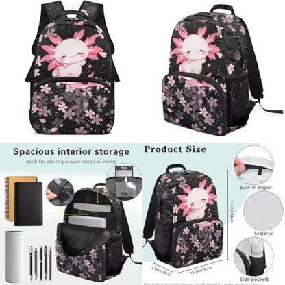 17 Inch Kid's 4PCS Backpack Set, Back to School Essentials | Insulated lunch box, water bottle pouch, pencil case, lightweight, padded shoulder straps, for elementary, middle school - color: Cute Axolotl