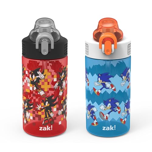 Zak Designs Sonic the Hedgehog Sage Kids Water Bottle For School or Travel, 16oz Durable Plastic Water Bottle With Straw, Handle, and Leak-Proof, Pop-Up Spout Cover, 2-Pack Set (Sonic & Shadow) - color: Sonic & Shadow