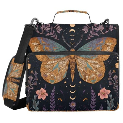 3 Ring Zipper Binder with Shoulder Strap Handle Moths Moon Phases Portfolio File Organizer Bag School Office 500 Sheets Capacity 1.5 inch Ring