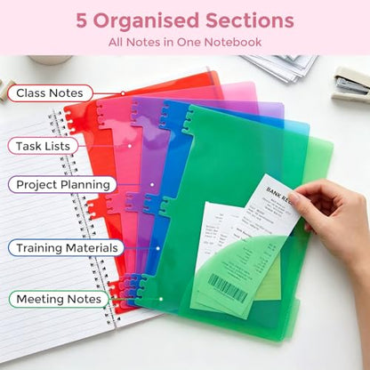 Subject Notebook Wide Ruled, 8.5x11inch Hardcover 5 Subject Lined Spiral Notebook with Dividers Tabs for School Women Journal Note Taking Office Supplies, 220 Pages, Pink - color: Pink