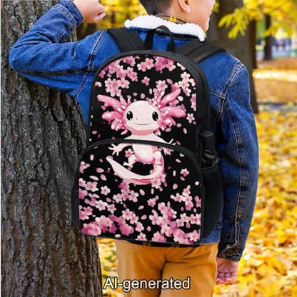Cute Axolotl Backpack School Set 3Pcs with Lunch Box Pencil Case Sports Bookbag Back Pack Lightweight Casual Daypacks for Elementary Primary Middle School - color: Cute Axolotl