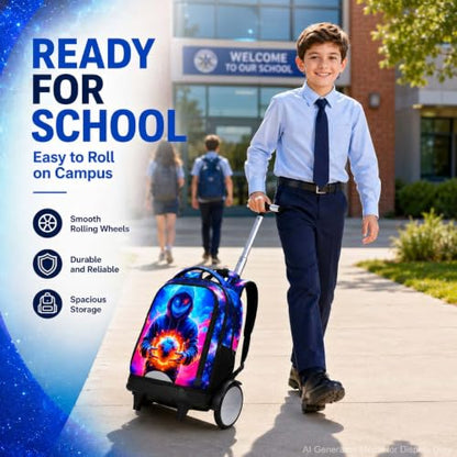 UFNDC Big Wheel Roller Bag, Water-Resistant Rolling Backpack for Boys with Lunch Box & Pencil Case, 3-Pack Kids Wheeled School Bookbag Travel Set - Devil Soccer - color: Rolling Backpack Devil Soccer Blue