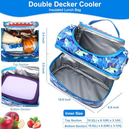 RHCPFOVR Kids Lunch Bag - Double - Decker Cooler Insulated Lunch Box for Boys Girls,Washable Lunch Bag and Reusable Toddler Lunchbox for School and Daycare - color: Blue Shark