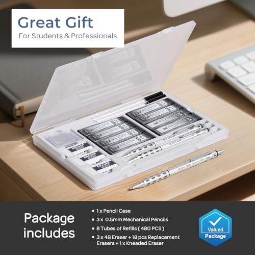 Nicpro 3 Pack Blocky Gear 0.5 mm Metal Mechanical Pencils Set with Case, Lead Drafting Pencil with 8 Tube (480PCS) Lead Refills(HB 2B), 4 Erasers, 18 Eraser Refills for Art Writing, Sketching Drawing - style: 0.5mm